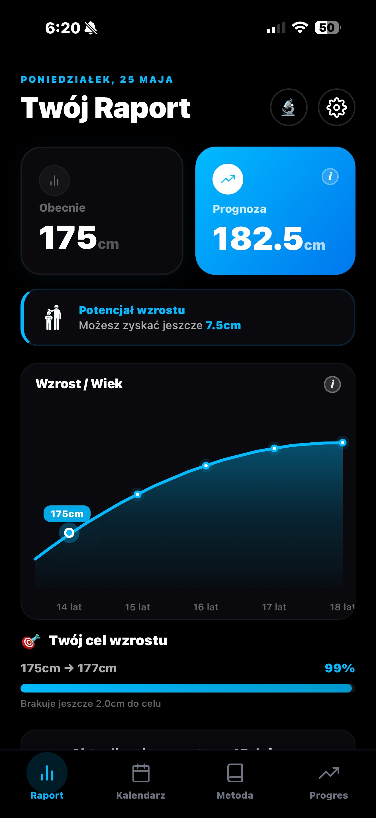 Ekran aplikacji Urośnij z raportem i progresem